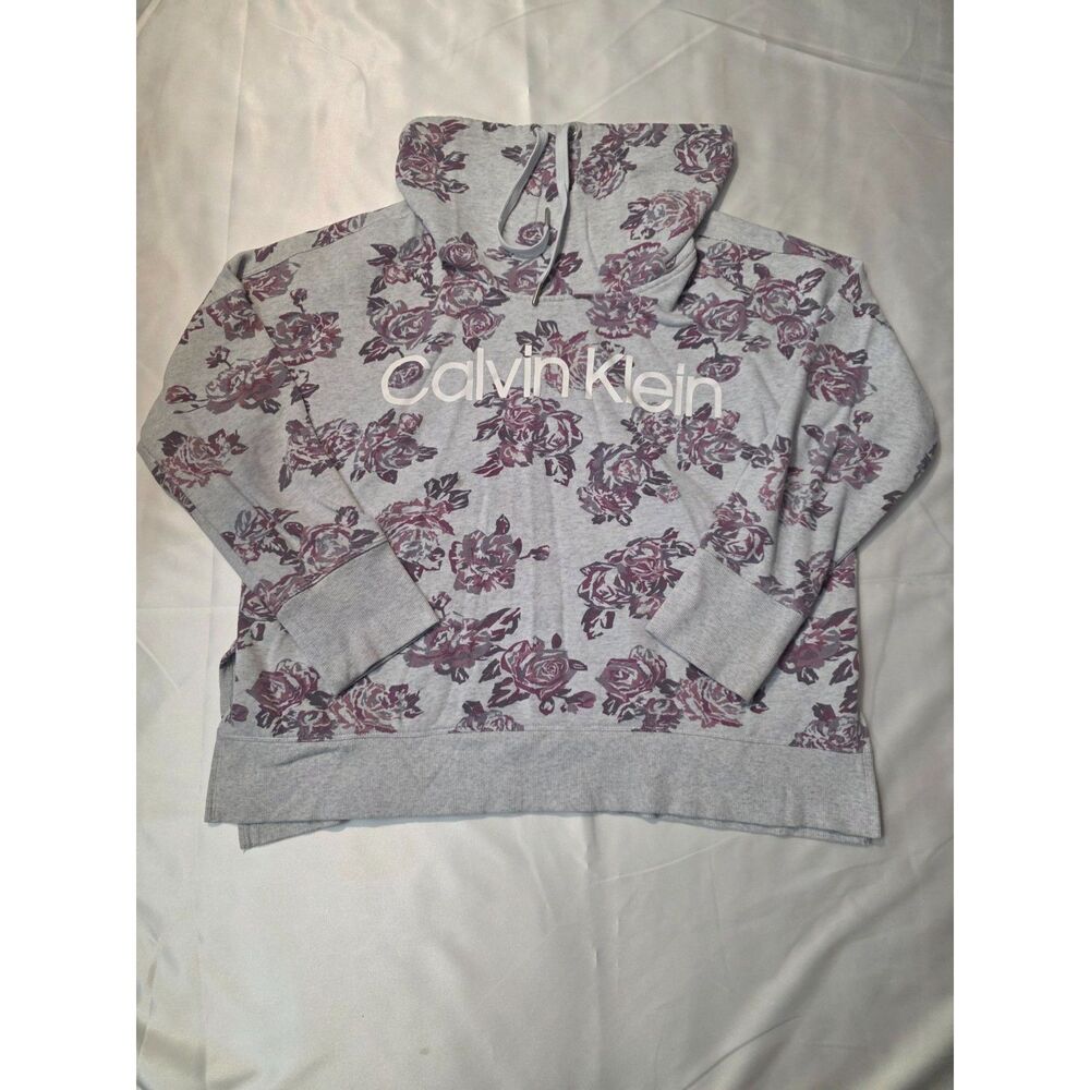 Calvin Klein Performance Womens XL Gray Floral Cowl Neck Hoodie Sweatshirt Top